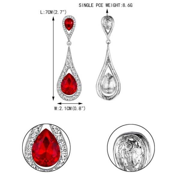 Silver with Ruby Red and White Diamond Austrian Crystal Dual Teardrop Earrings - Picture 4 of 4